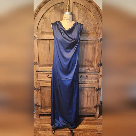 knee length dresses for ladies Navy Satin Lace Boat Neck Mermaid Bridesmaid Gown main image 0